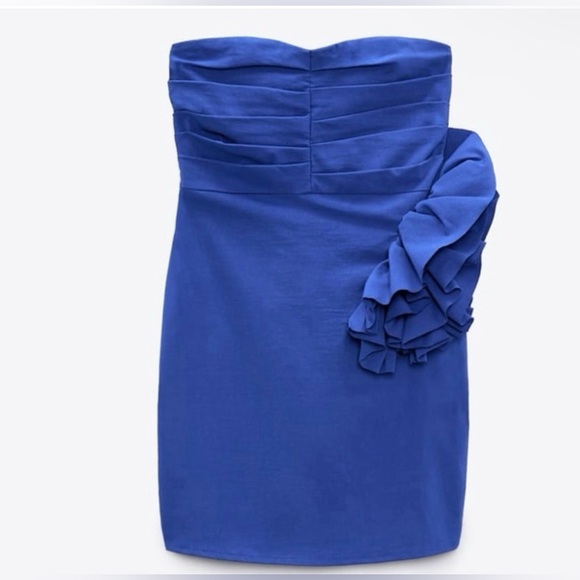 Royal Blue Side Ruffled Strapless Zara Mini Dress - Picture 4 of 8